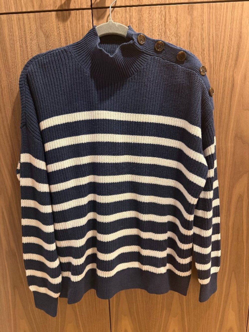 LOFT Striped Shoulder Button Mock Neck Sweater